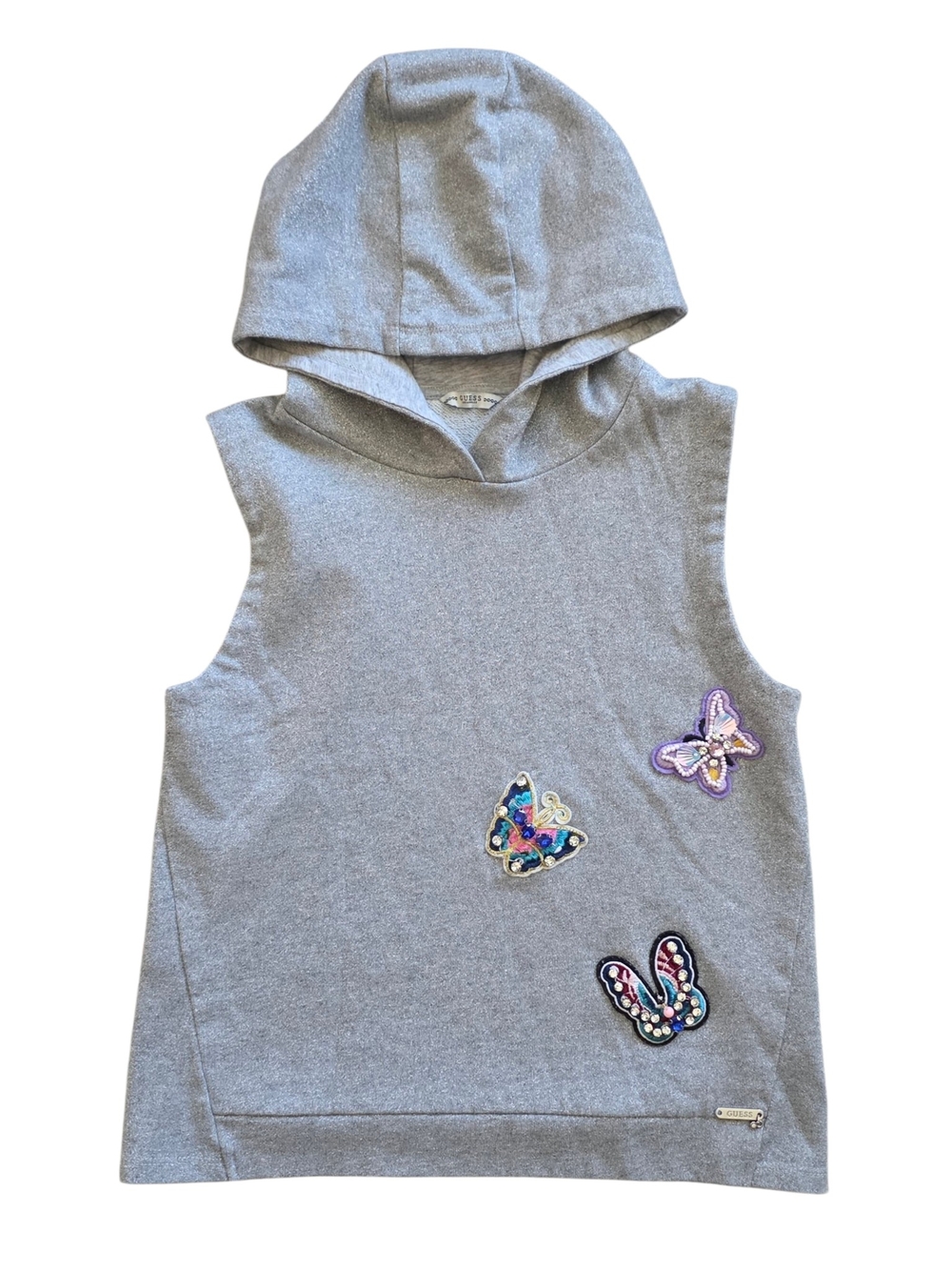 GUESS Metallic Silver Sz 12 Girls Sleeveless Hoodie Top Butterfly Embellished